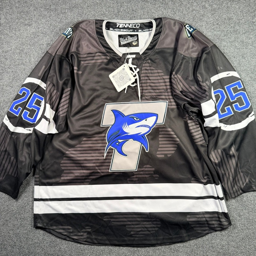 Black Biscuit Hockey Jersey Mens XL Black Tenneco Shark 25 Camo Lace Up V-Neck